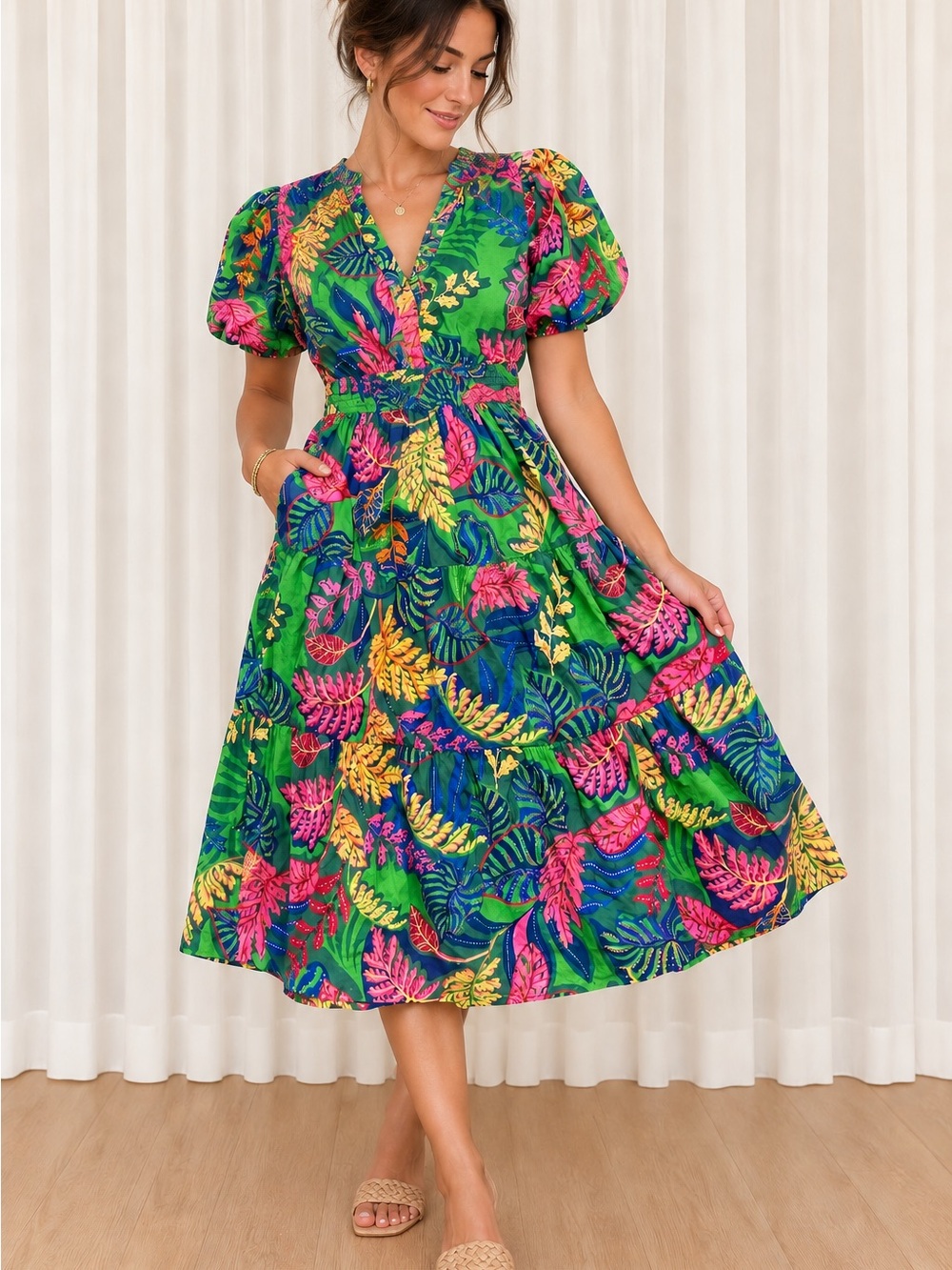 Harlow & Rose Tropical Floral Puff Sleeve Tiered Midi Dress S